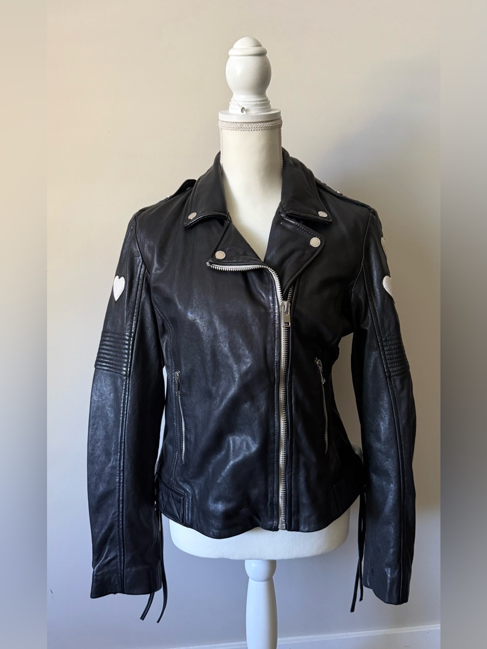 Free People Christy Black Leather Moto Jacket with White Heart Sleeve Accents